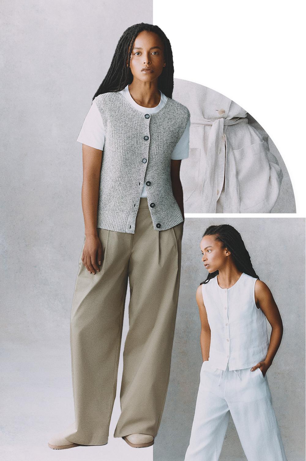 Collage of model wearing grey button-up knitted vest worn over white T-shirt with beige wide leg trousers and neutral slip-on shoes with coordinating white waistcoat set.