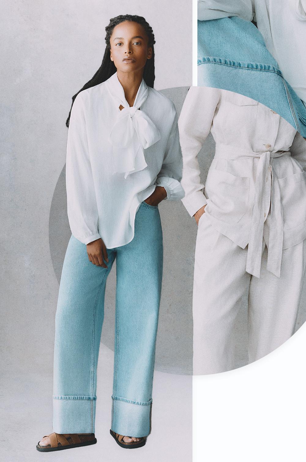 White pussy-bow blouse paired with light blue wide leg jeans and tan crossover sandals.