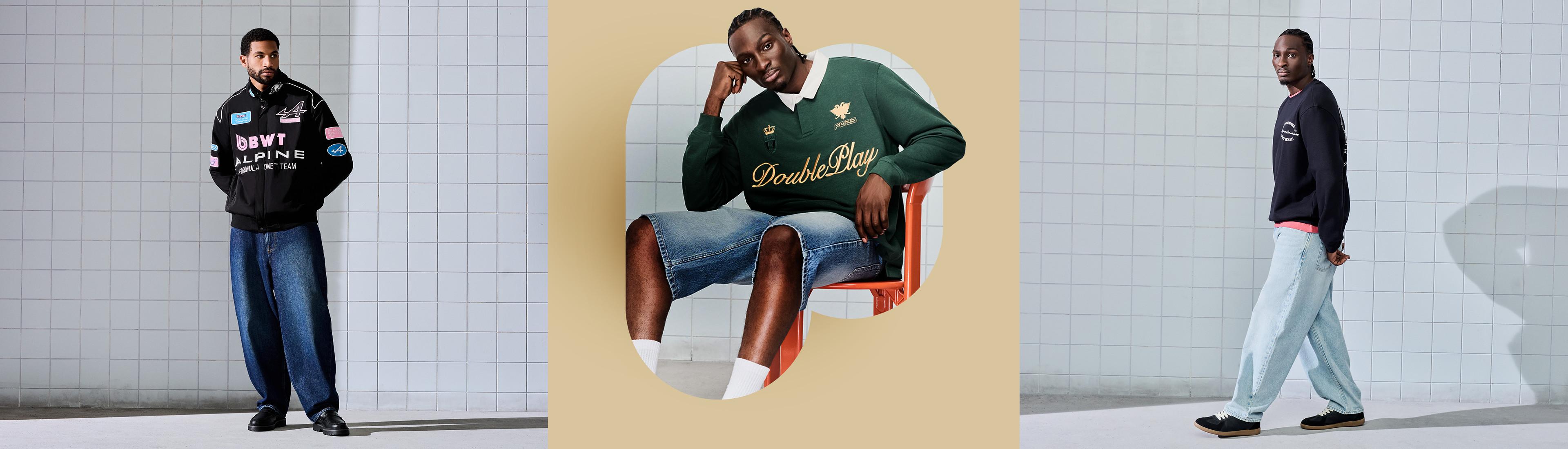 Trois mannequins homme portant des vêtements streetwear décontractés comme une veste griffée, un pull vert brodé et un survêtement.