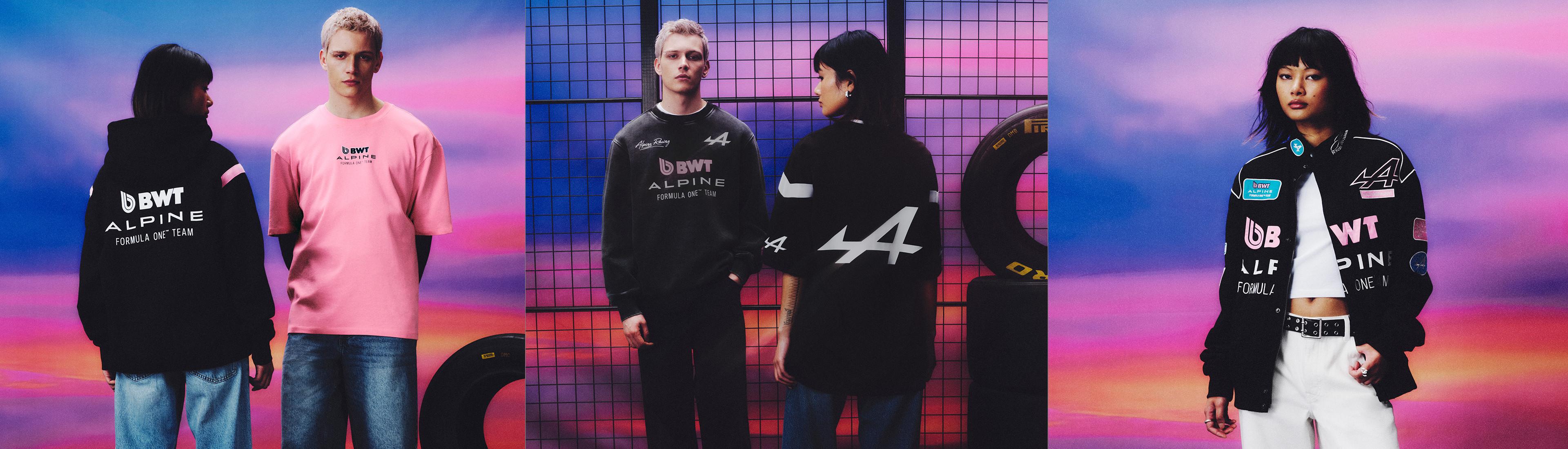 Models wearing BWT Alpine Formula One Team branded apparel including hoodies, sweatshirts and jacket.