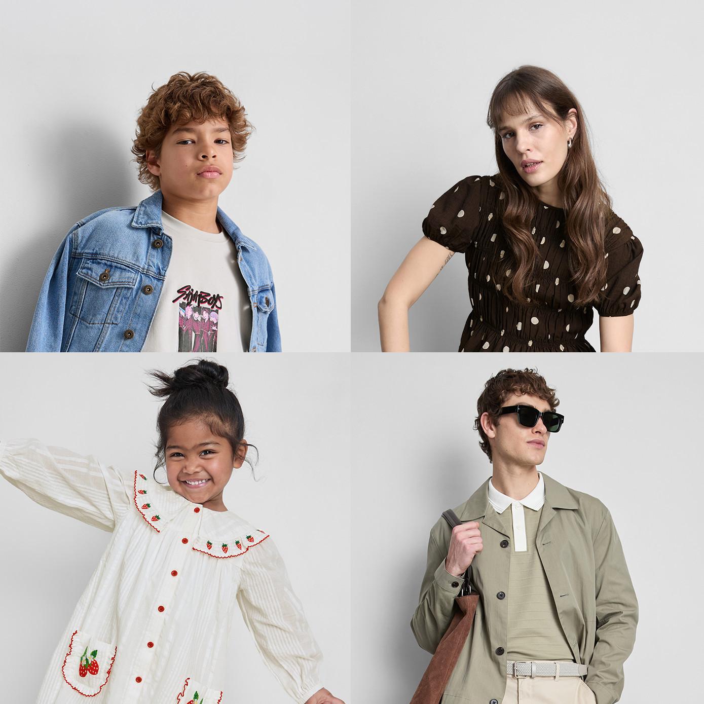 Four models wearing different casual outfits: one in denim jacket, one in polka dot dress, one in white dress with cherry embroidery, and one in olive jacket with sunglasses.