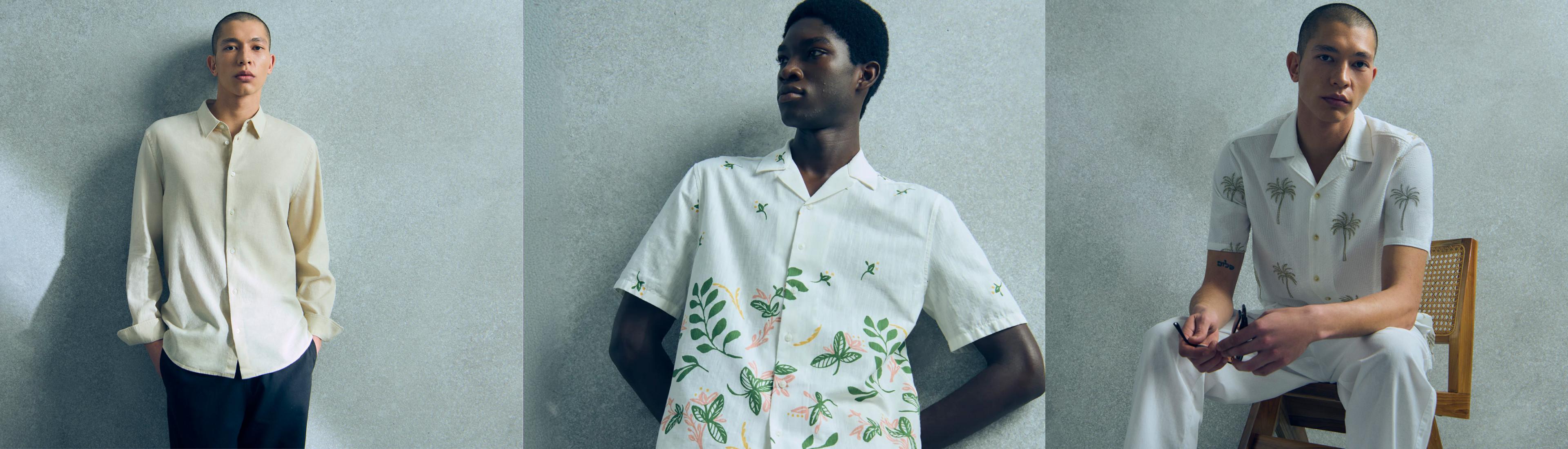 Trois mannequins portant des chemises décontractées : chemise à manches longues crème, chemise blanche à manches courtes et motif botanique et polo bleu clair à imprimé palmiers.