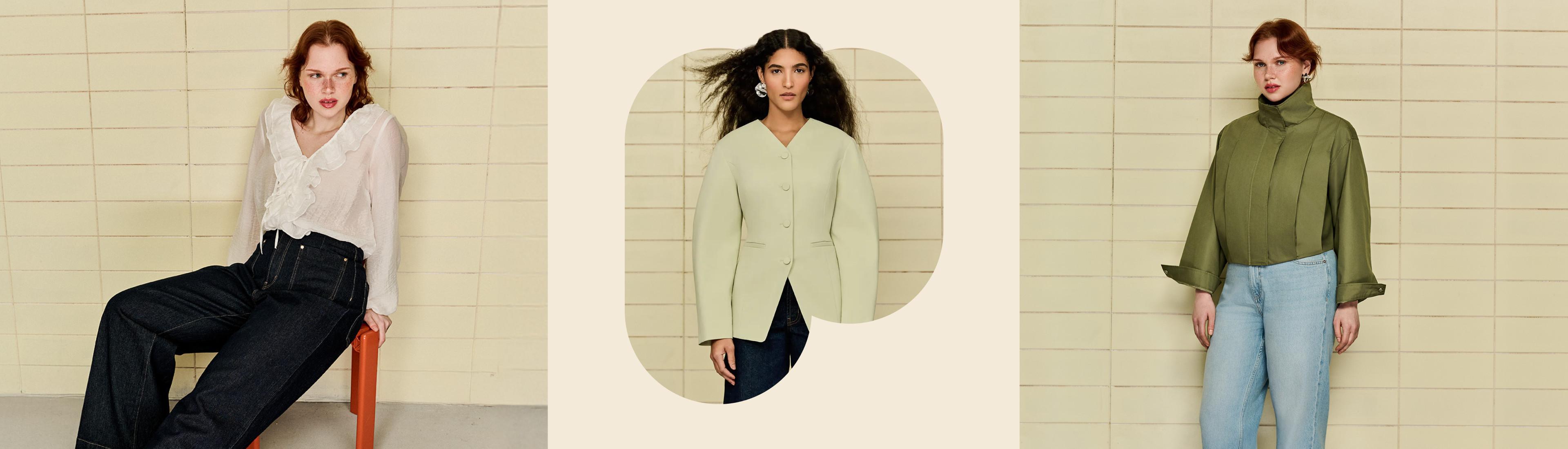 Drei Models tragen unterschiedlich gestylte Jacken mit Hosen in einer gekachelten Studioumgebung.