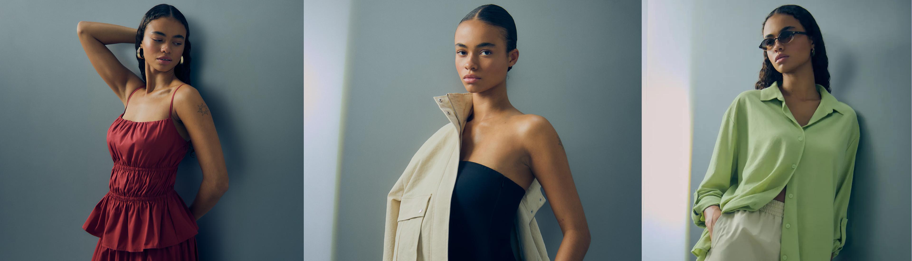 Drei Models präsentieren jeweils ein rotes Rüschenkleid, ein schwarzes trägerloses Top mit cremefarbener Jacke und eine lindgrüne Bluse.