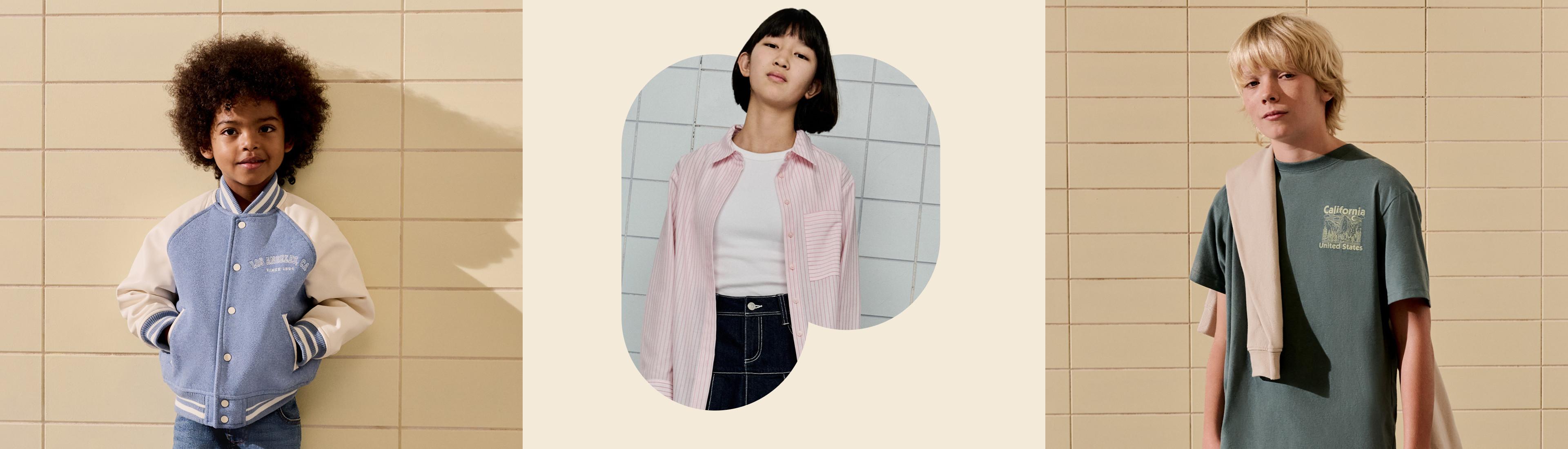 Enfant avec veste style universitaire bleue, femme avec chemise à rayures rose et top blanc, et un garçon portant un T-shirt California vert.