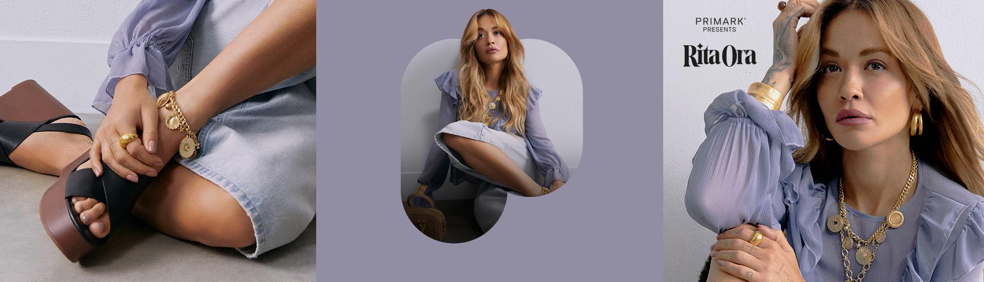 Close up images of Rita Ora wearing a lilac blouse, light blue jean shorts, gold-toned jewellery and black sandal wedges.