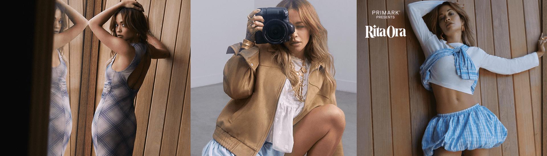 Rita Ora modeling three outfits: gray and purple checked dress, tan jacket over a white blouse, and blue gingham mini skirt with white long sleeve crop top.