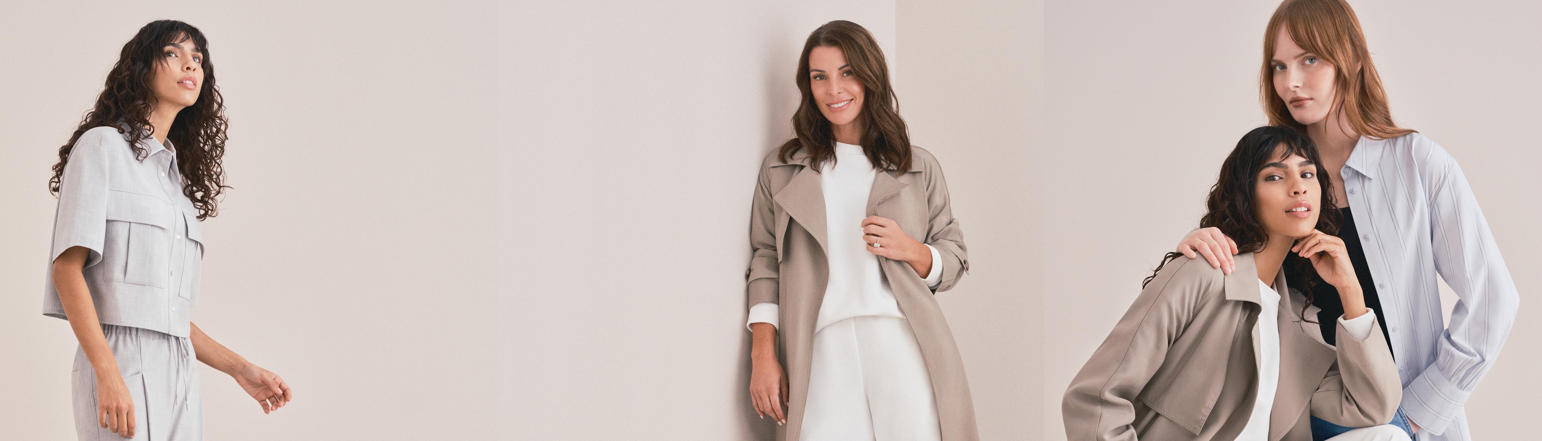 Collection mode composée de trois silhouettes minimalistes, avec pantalons amples et hauts légers sur fond gris.