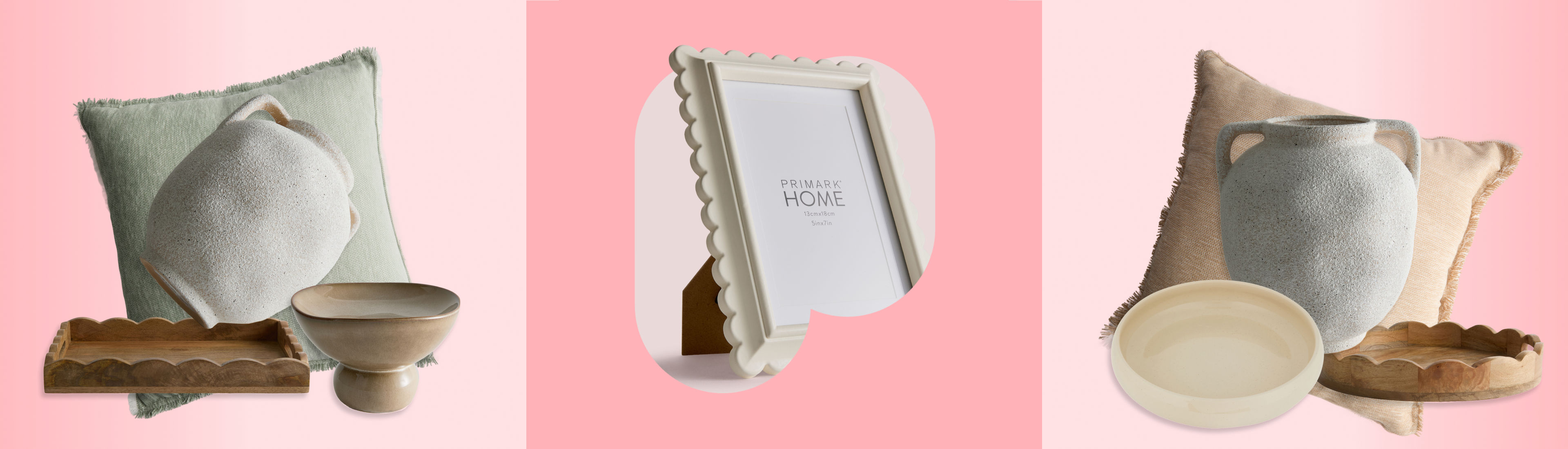 La collezione Primark Home include cuscini verde salvia, ciotole in ceramica color panna e vassoi in legno smerlati.