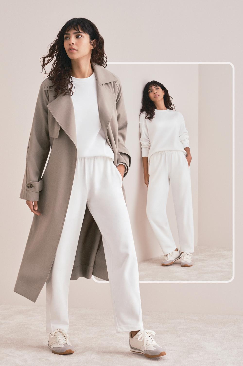 Woman wearing beige coat over white top and trousers with trainers, inset shows full outfit detail.