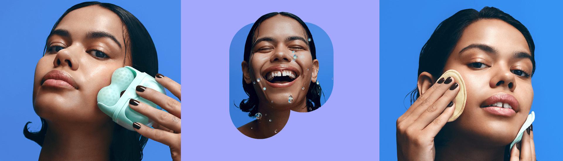 Modelo usando discos de limpieza facial y un masajeador facial