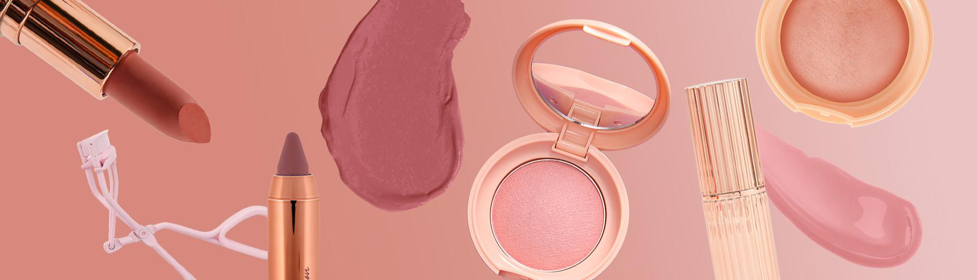 Pintalabios, rizador de pestañas, delineador, colorete y brillo de labios
