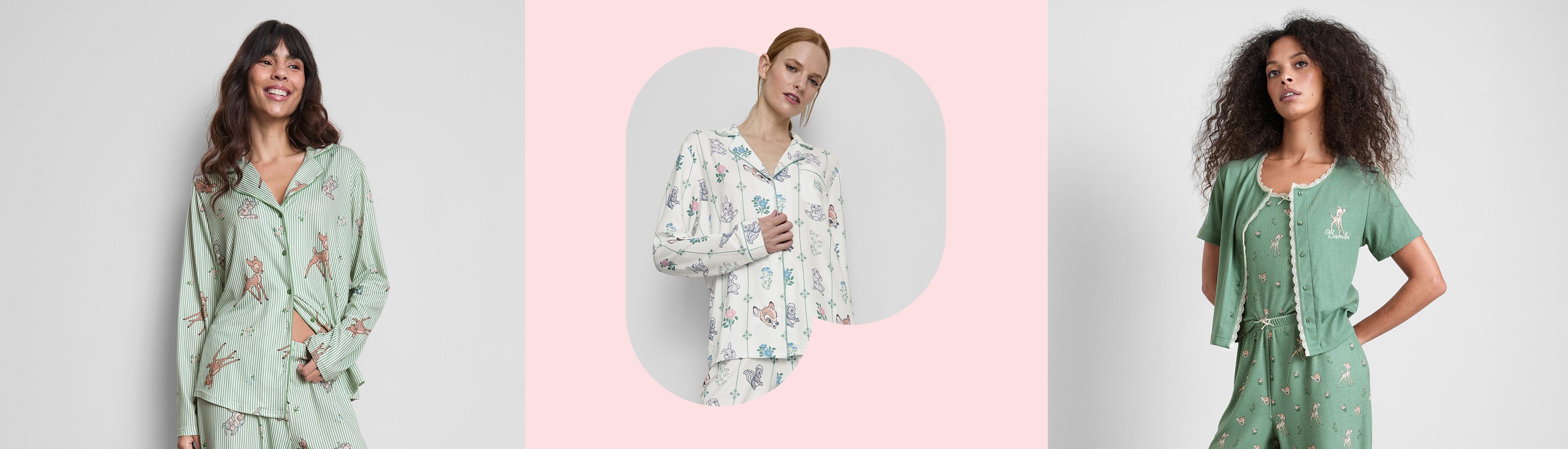Model wearing green striped pyjama set with Disney Bambi print.