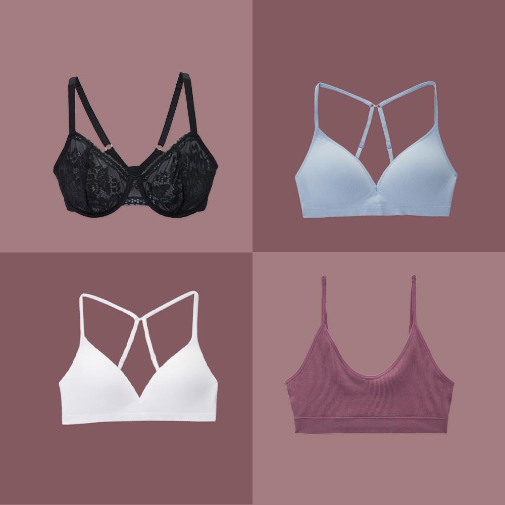 4 images of different types of bras in white, black and taupe