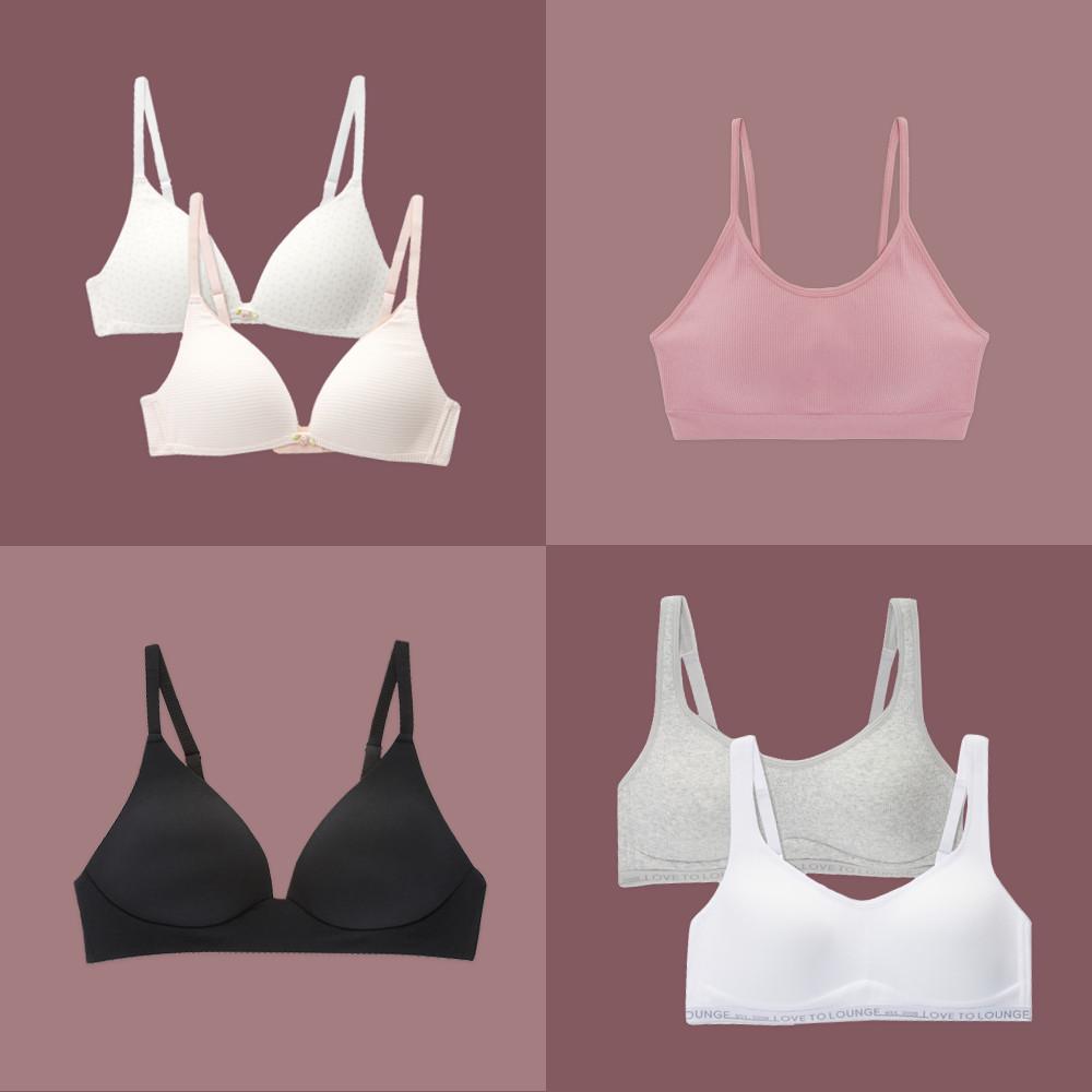 Four images of bras, two white bras, one black and one pink