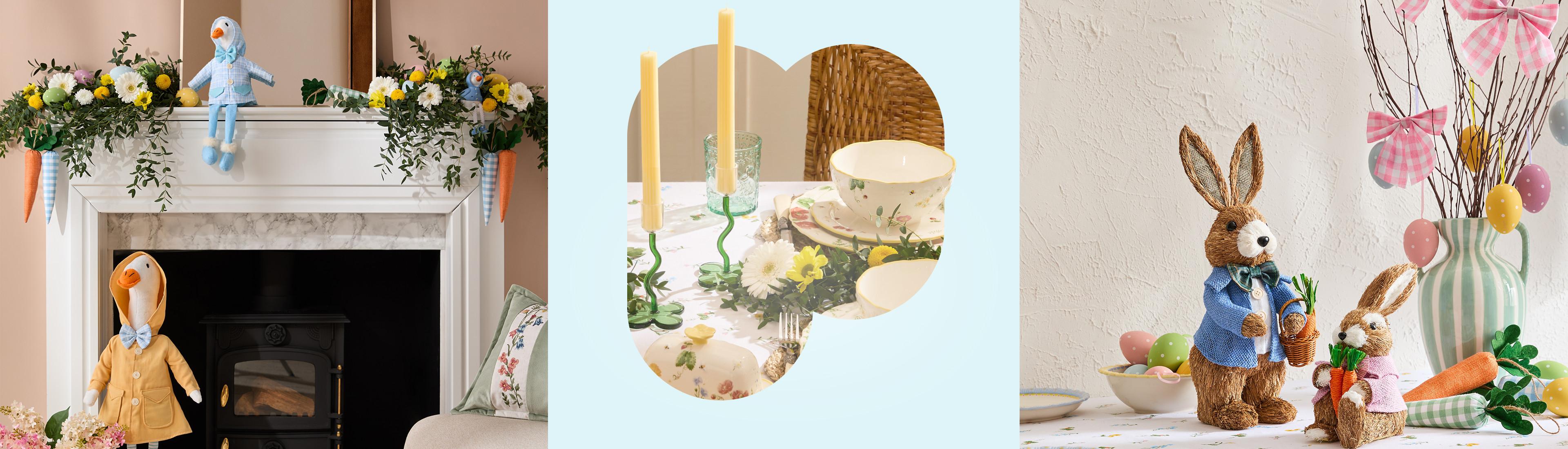 Décorations de Pâques comprenant des figurines lapins, des fleurs de printemps et une décoration de table festive.