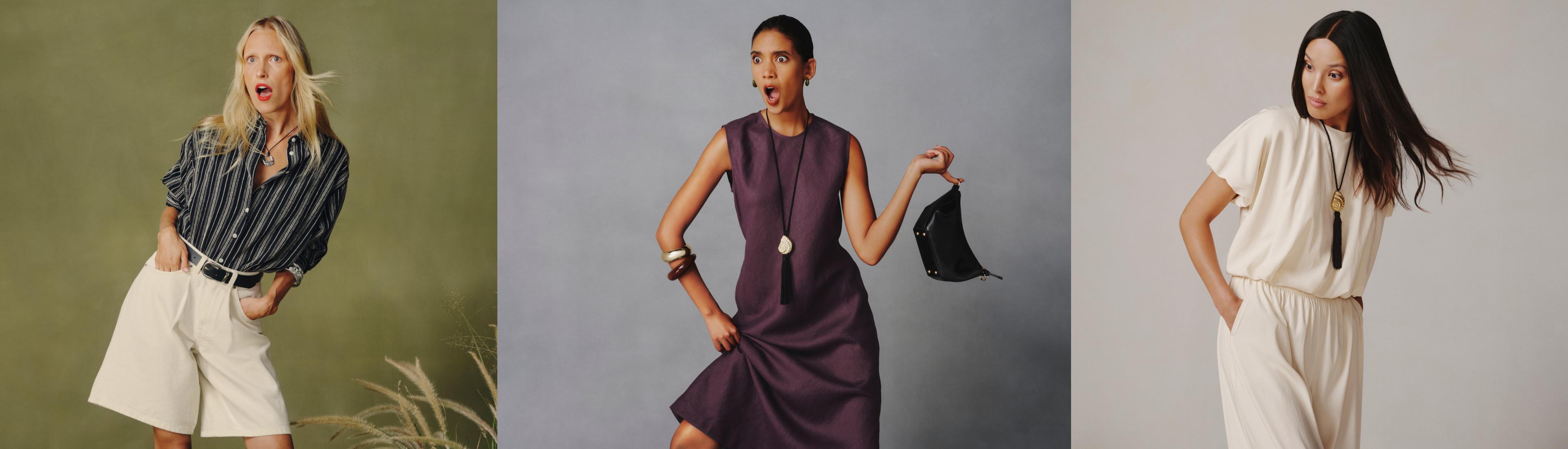 Drie modellen in casual outfits: een gestreept overhemd met witte short, een paarse mouwloze jurk en een crèmekleurig T-shirt met een pantalon.