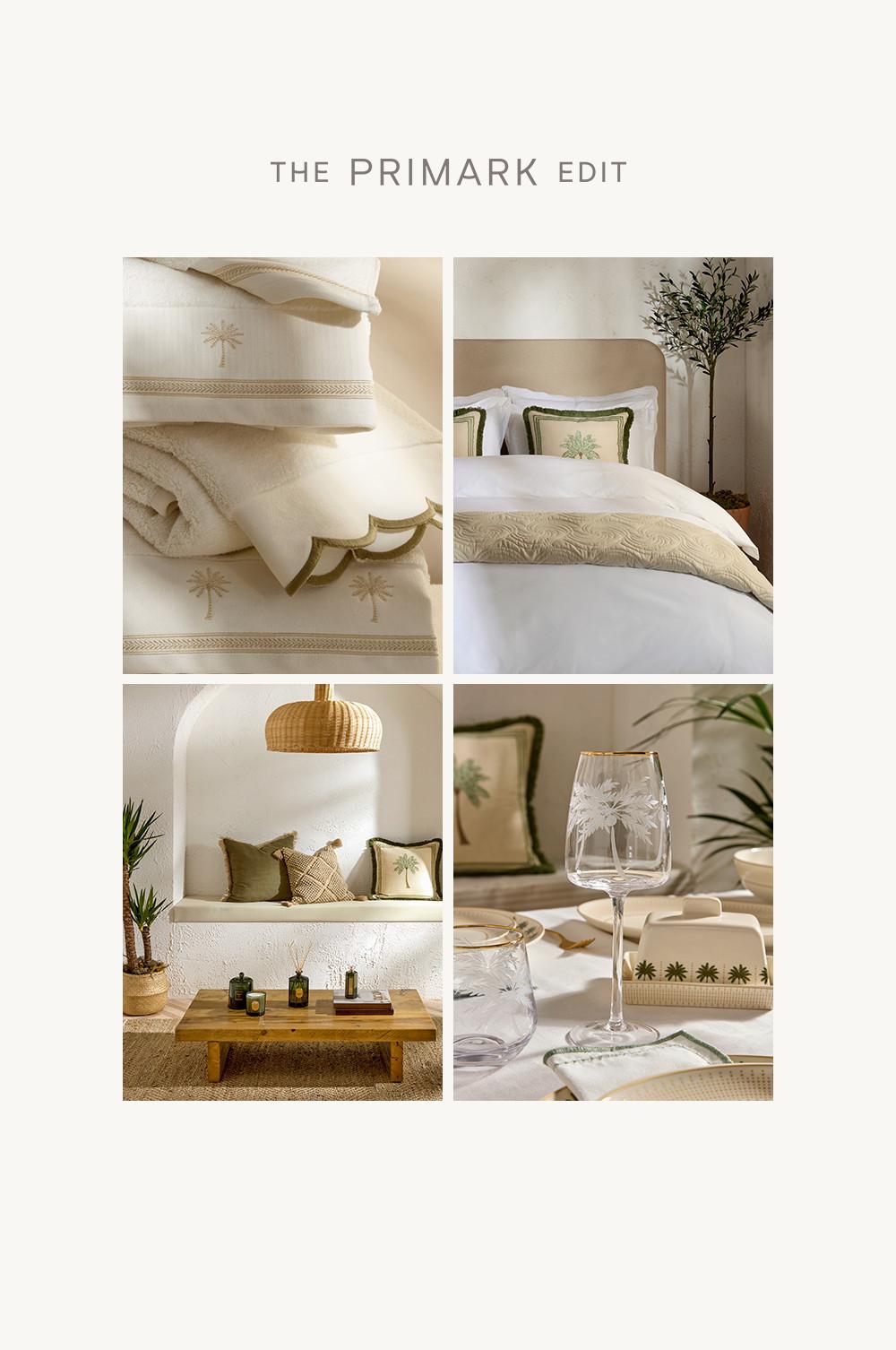 Colección de artículos para el hogar de Primark con motivos de palmeras que incluye ropa de cama, cojines y decoración de mesa en tonos crema y verde salvia.