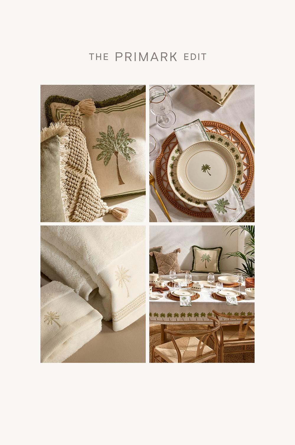 Colección de artículos para el hogar de Primark con motivos de palmeras que incluye mantelería, cojines, textiles y servilletas en tonos crema y verde salvia.