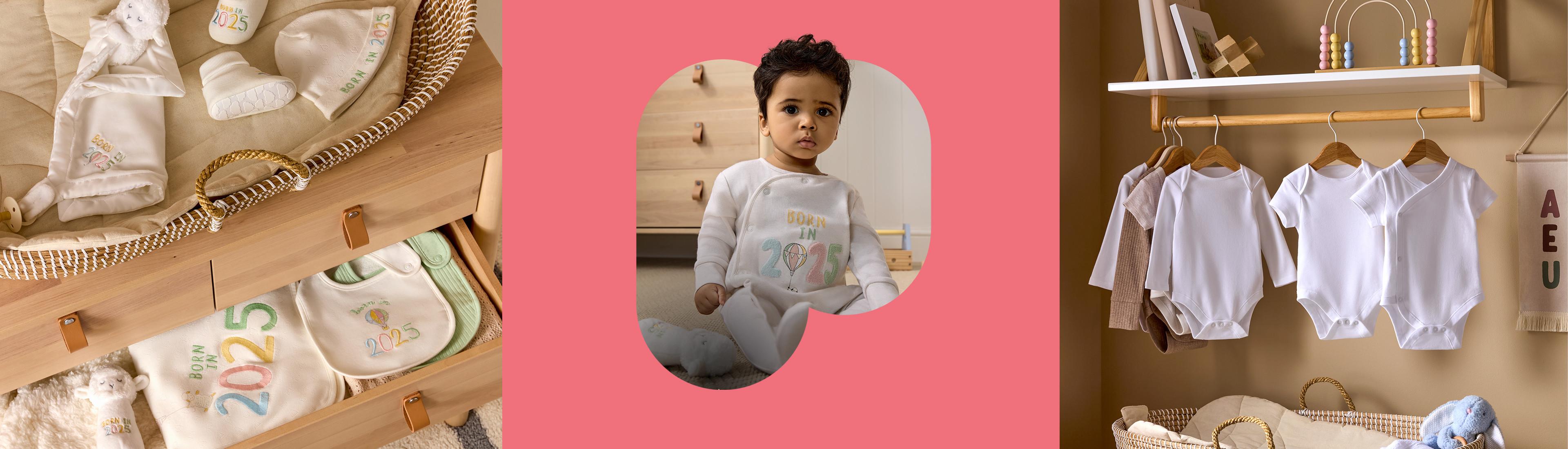 Baby clothing collection featuring "Born in 2025" designs with nursery storage and white bodysuits hanging on a rack.