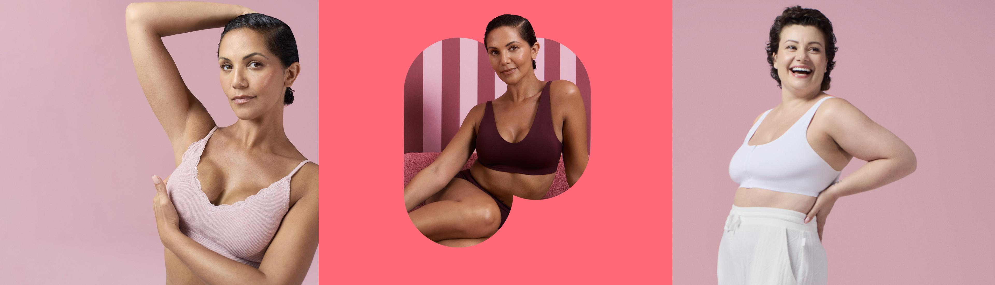 Three women modelling different styles of bras against pink backgrounds, showcasing diverse body types.