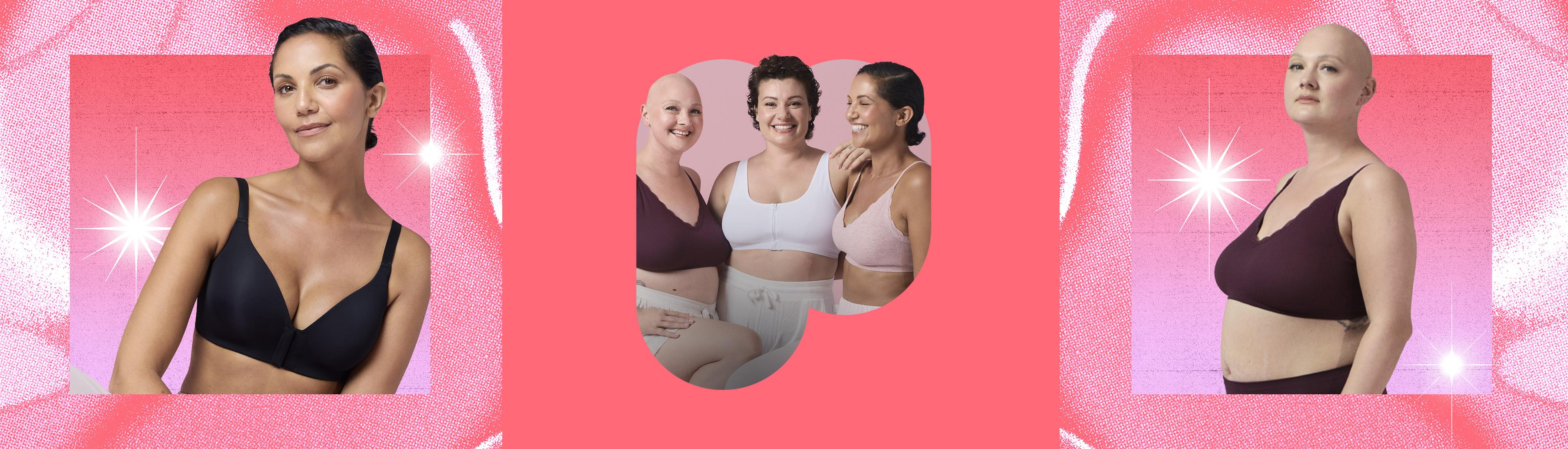 Three women wearing comfortable bras in different styles against a pink background, showcasing inclusive lingerie options.