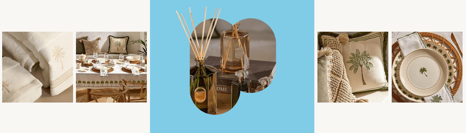 Collection of home decor items with palm tree motifs including linens, table settings, reed diffuser, and decorative plates arranged in a stylish coastal theme. Blue background.