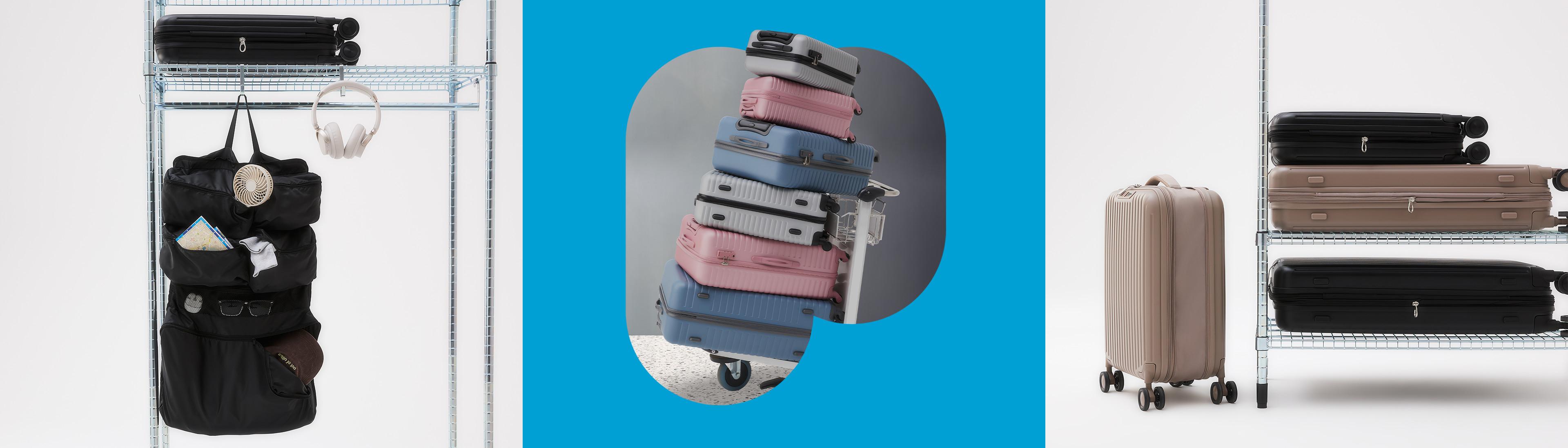 Stack of colorful hard-shell suitcases on an airport trolley alongside shelving displaying luggage.
