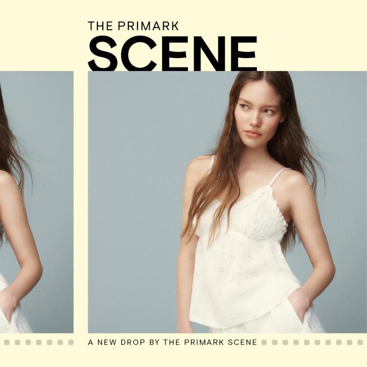 Model wearing cream broderie anglaise camisole top with thin straps from THE PRIMARK SCENE collection.