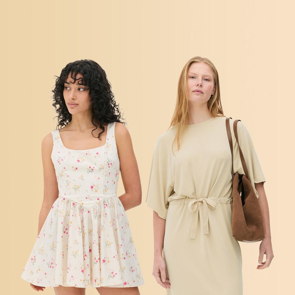 On left: model wears floral bow corset mini dress. On right: model wears midi neutral dress cinched at the waist and a brown leather bag.