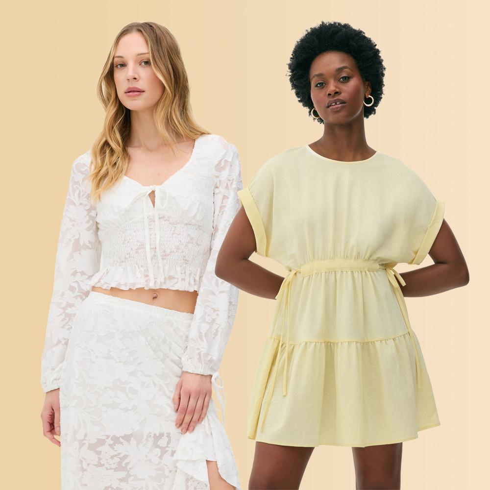 On the left, model is wearing long sleeved laved white shirt with matching boho white laced maxi skirt. Model on the right is wearing mini yellow dress cinched at the waist.