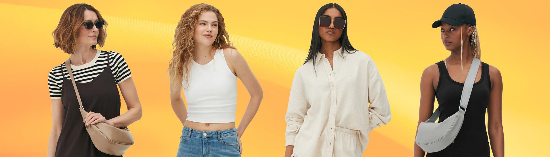 Four models displaying summer fashion against a yellow gradient background with crossbody bags.