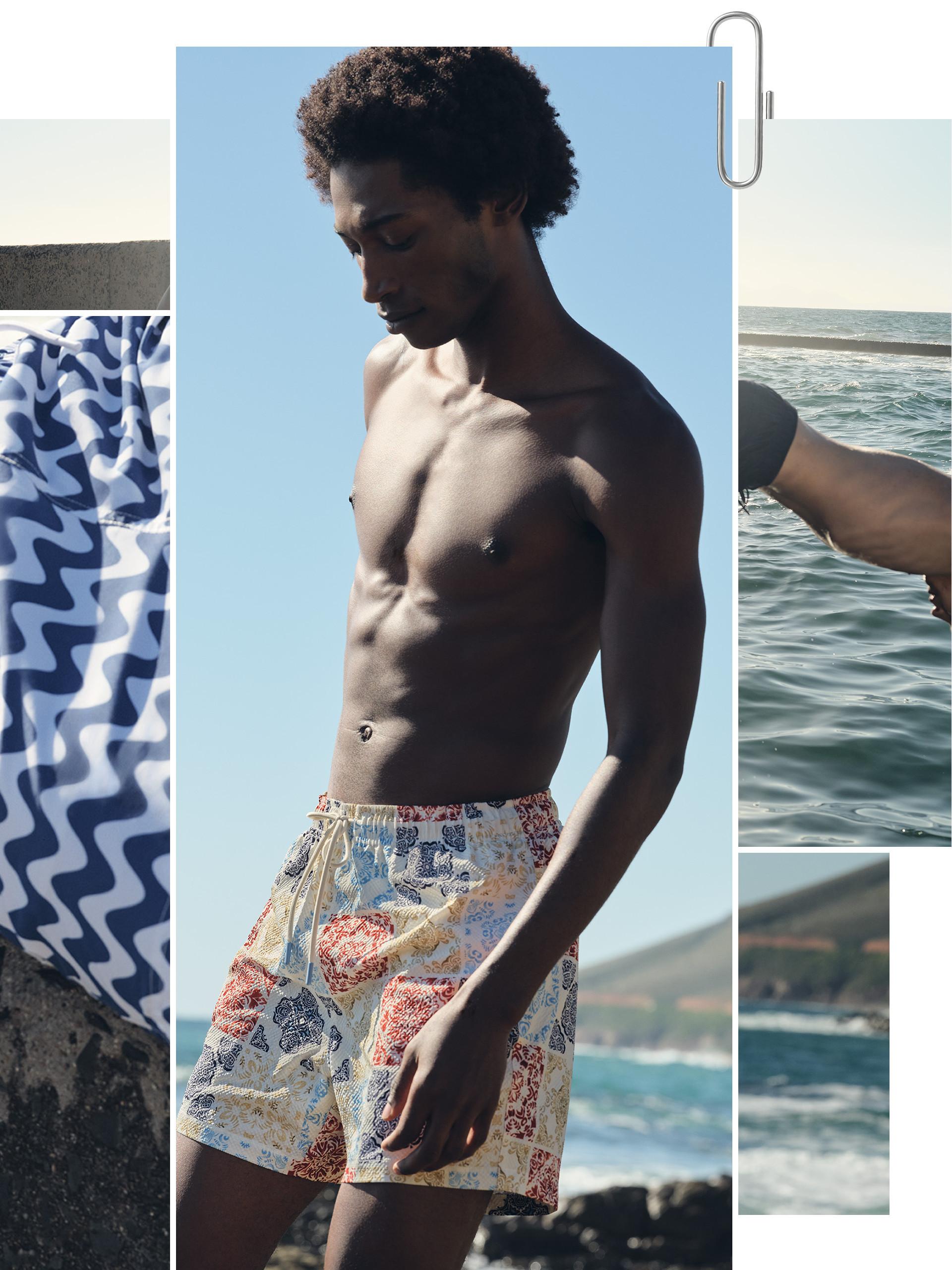 Model wearing Mosaic Tile patterned Drawstring Swim Shorts