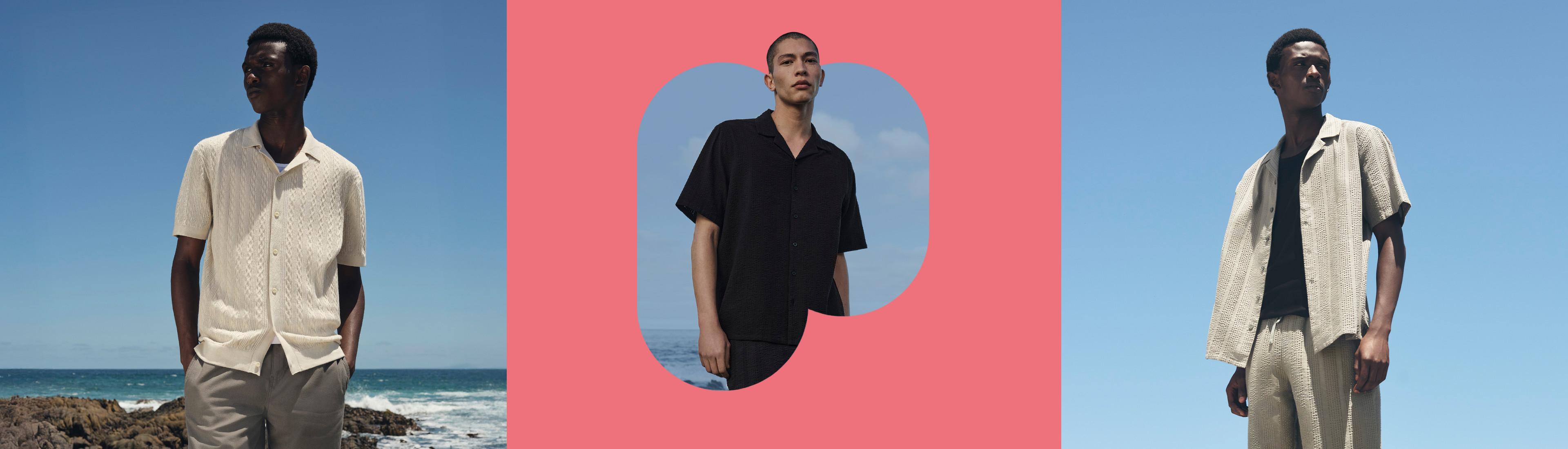 Drie modellen in zomershirts: een wit overhemd met een short bij de zee, een zwart shirt met korte mouwen en een crèmekleurig open shirt met bijpassende broek.