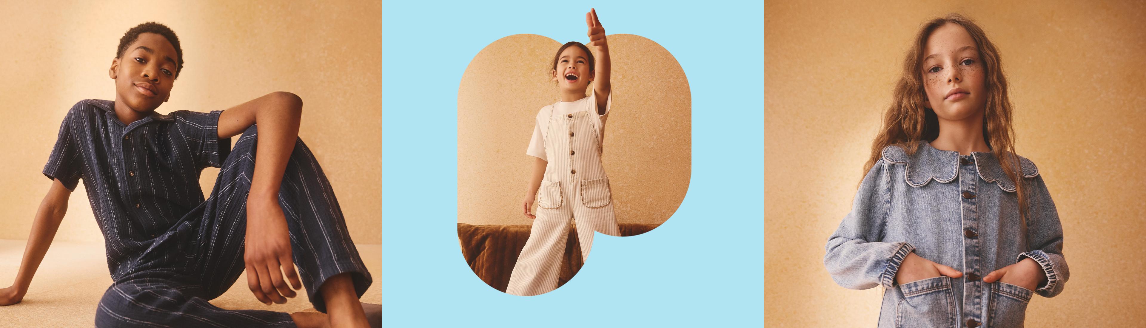 Boy in navy pinstripe pajamas, girl in beige ribbed loungewear raising arm, girl in denim jacket.
