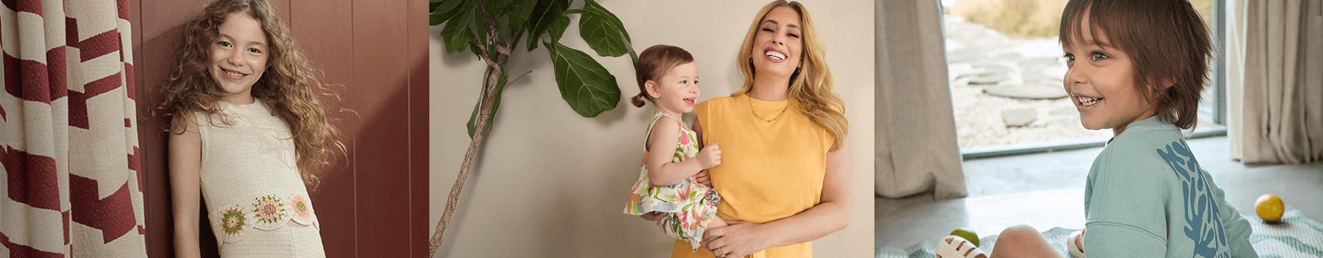 On the left, model wearing a crochet sleeveless co-ord with floral detail. In the center, baby wearing tropical patterned tunique with matching shorts and Stacey wearing a yellow sleeveless top. On the right, a child wearing blue long sleeved sweatshirt and white sandals.