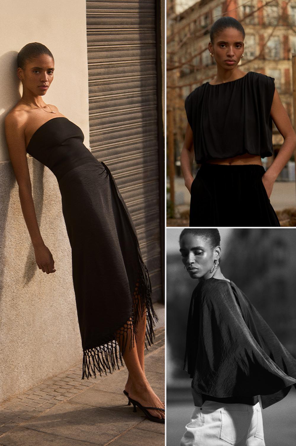 Model wearing black evening wear pieces including strapless dress with fringe shawl and cropped top.