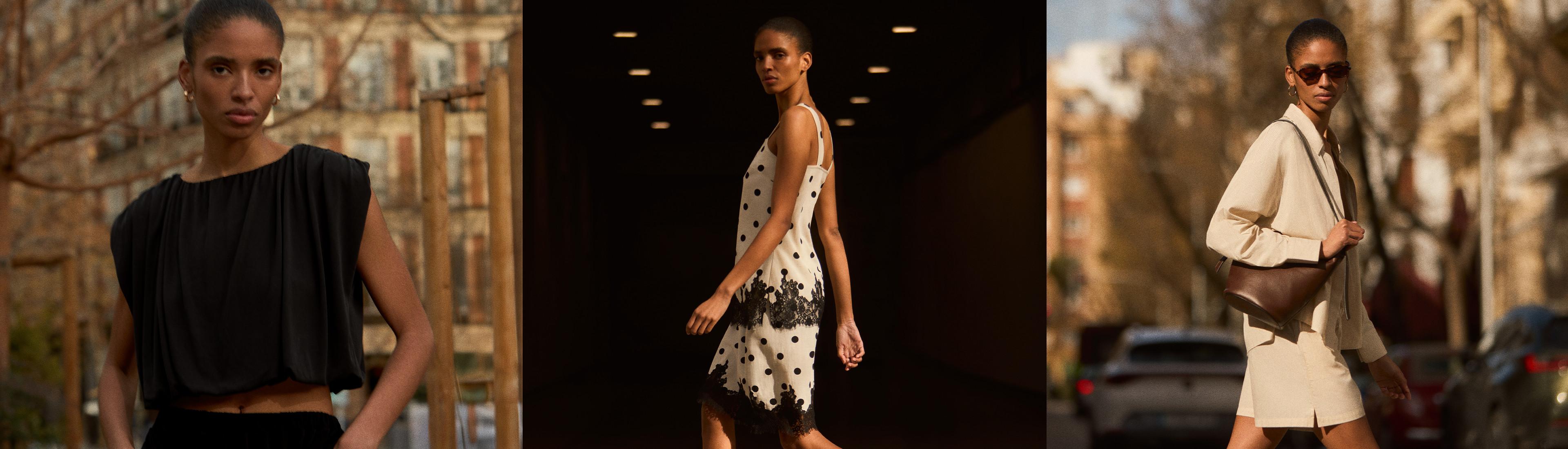 Model wearing a black pleated sleeveless top, polka dot dress with lace trim, and cream co-ord with sunglasses.