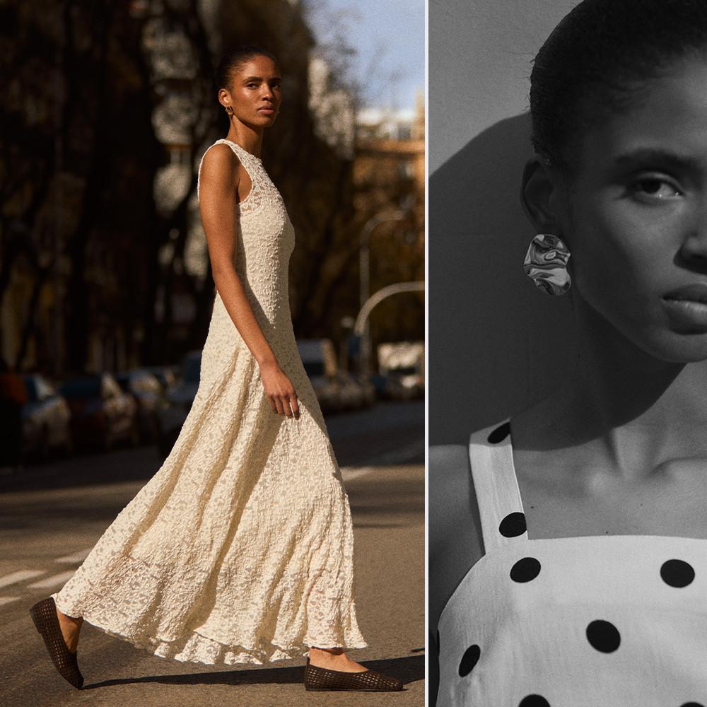 Model wearing cream textured sleeveless maxi dress outdoors, with close-up detail of statement earring.