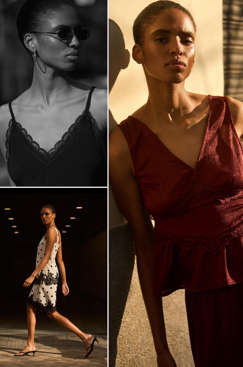 Model wearing lace-trimmed camisole tops and slip dresses in black, burgundy and polka dot print.