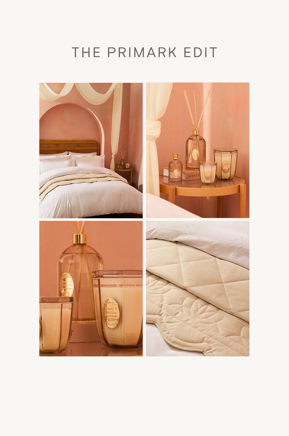 The Primark Edit featuring bedroom with neutral bedding, reed diffusers, candles and quilted bedding.