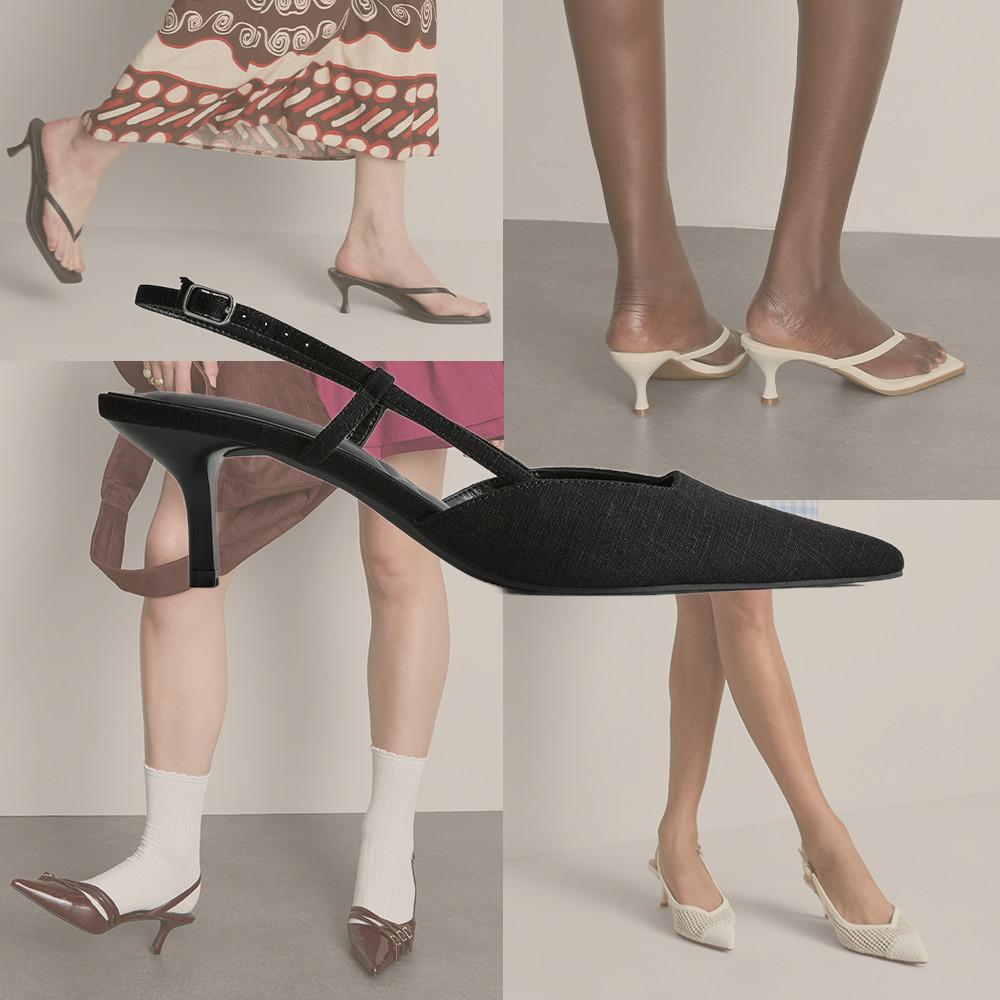 Collage of models wearing various kitten heel shoes including mules, slingbacks and pointed toe styles.