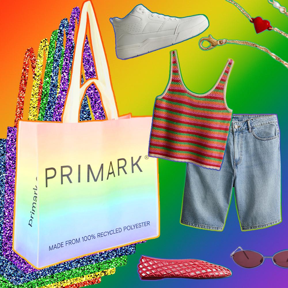 Primark shopping bag with white trainers, striped crochet vest top, denim shorts, and accessories.