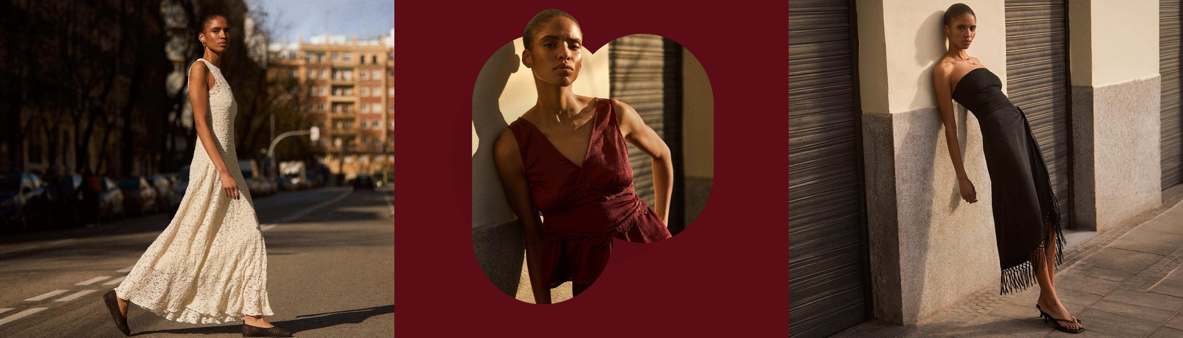 Ein Model trägt draußen ein cremefarbenes Maxikleid aus Spitze, ein burgunderrotes One-Shoulder-Top mit Hose und ein elfenbeinfarbenes Etuikleid mit einem schwarzen, fransigen Schal.