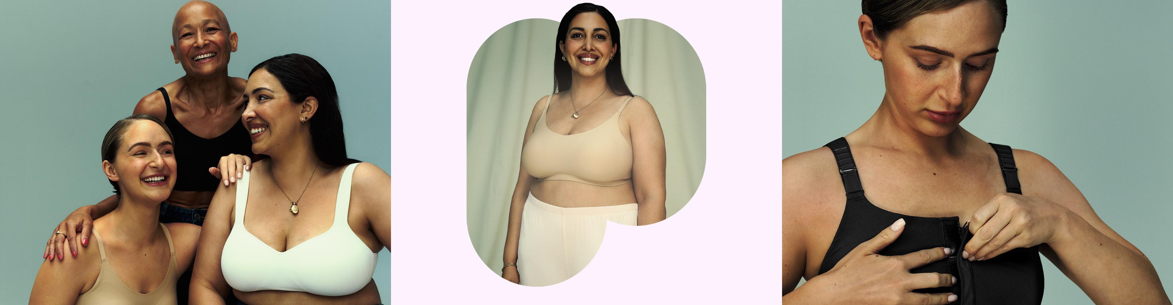 Drei Models, die gemeinsam lächeln und beigefarbene sowie schwarze BHs tragen; ein Model in einem beigen BH und einem Slip mit hoher Taille; ein Model, das ihren schwarzen Still-BH zurechtzieht.