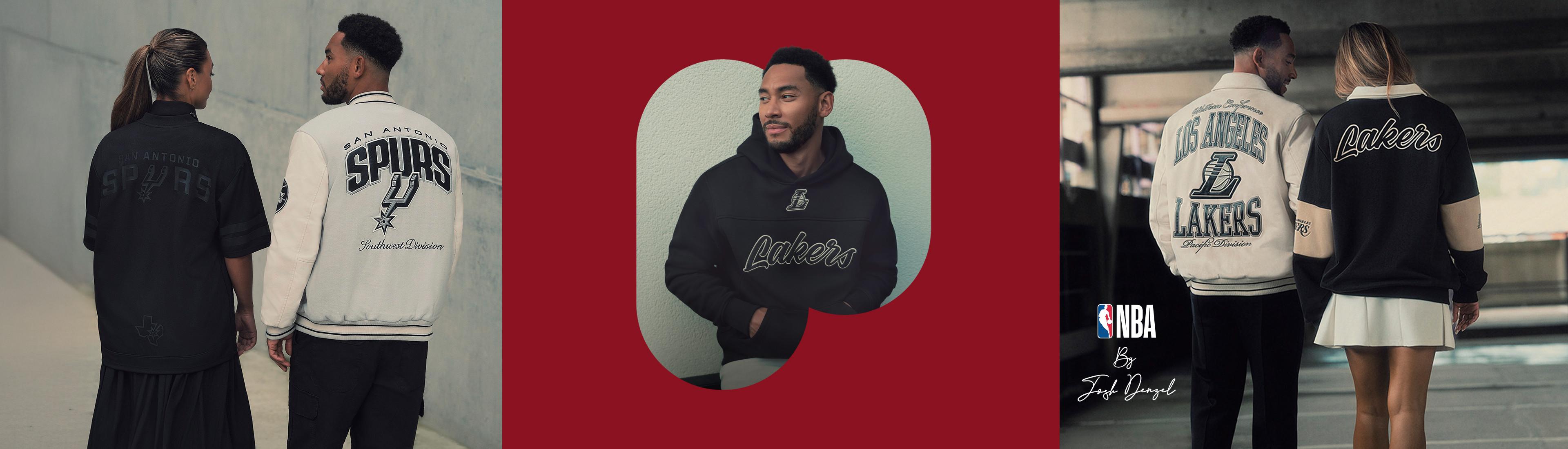 Modelos con la colección de ropa de los equipos de la NBA, con chaquetas y sudaderas con capucha de los Spurs y los Lakers.