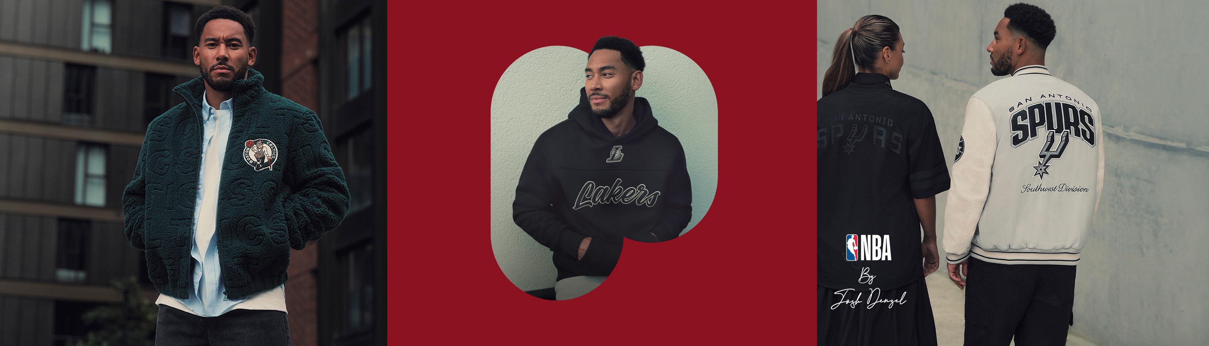 Image en trois volets de pièces à l'effigie d'équipes de la NBA : veste Celtics, sweat à capuche Lakers et produits dérivés San Antonio Spurs.