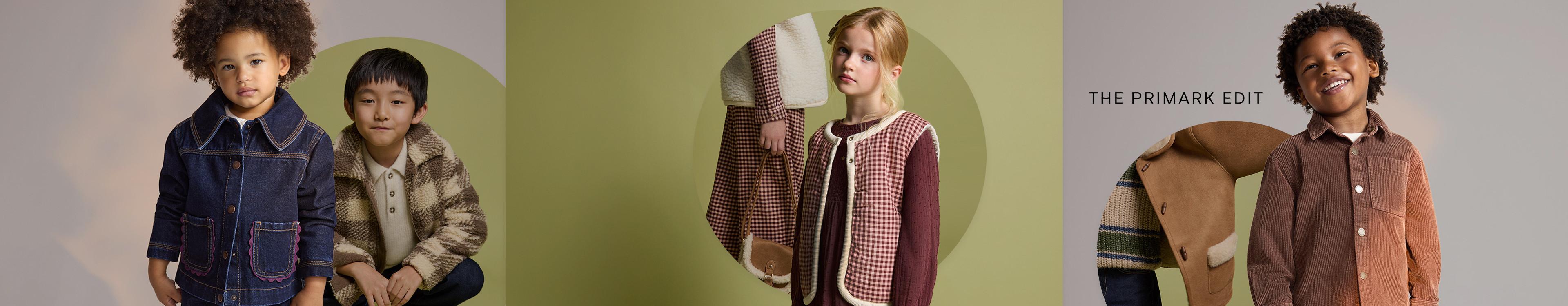 Children wearing Primark's autumn outerwear collection including denim jacket and patterned coats against green circular backgrounds.