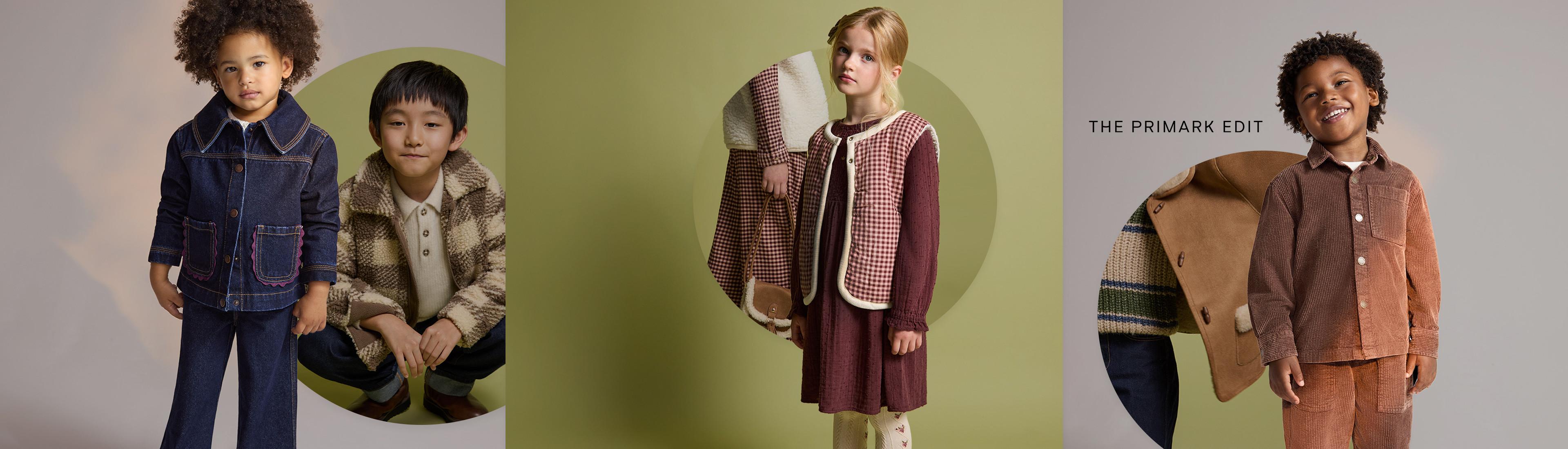 Kinder in der Herbstkollektion von Primark mit Denim, karierten Oberteilen und Cordjacken.