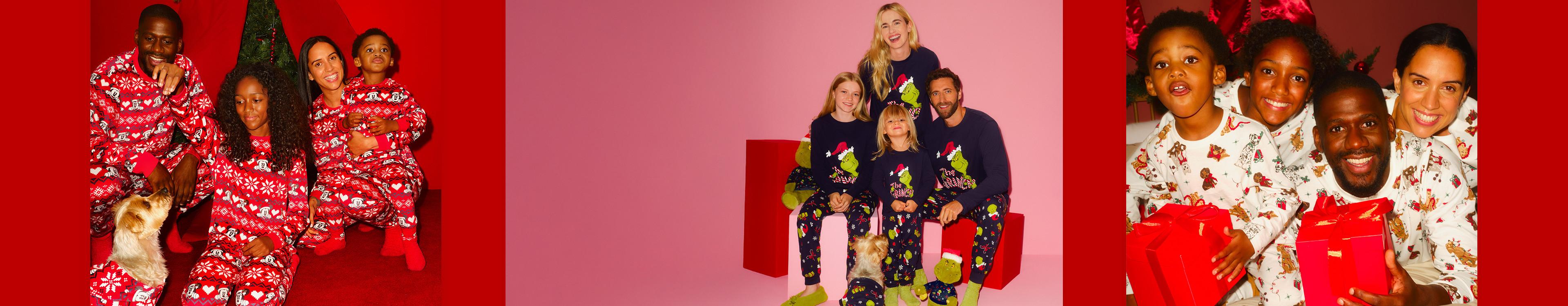 Families wearing matching holiday pyjamas, including festive red patterns and Grinch designs.